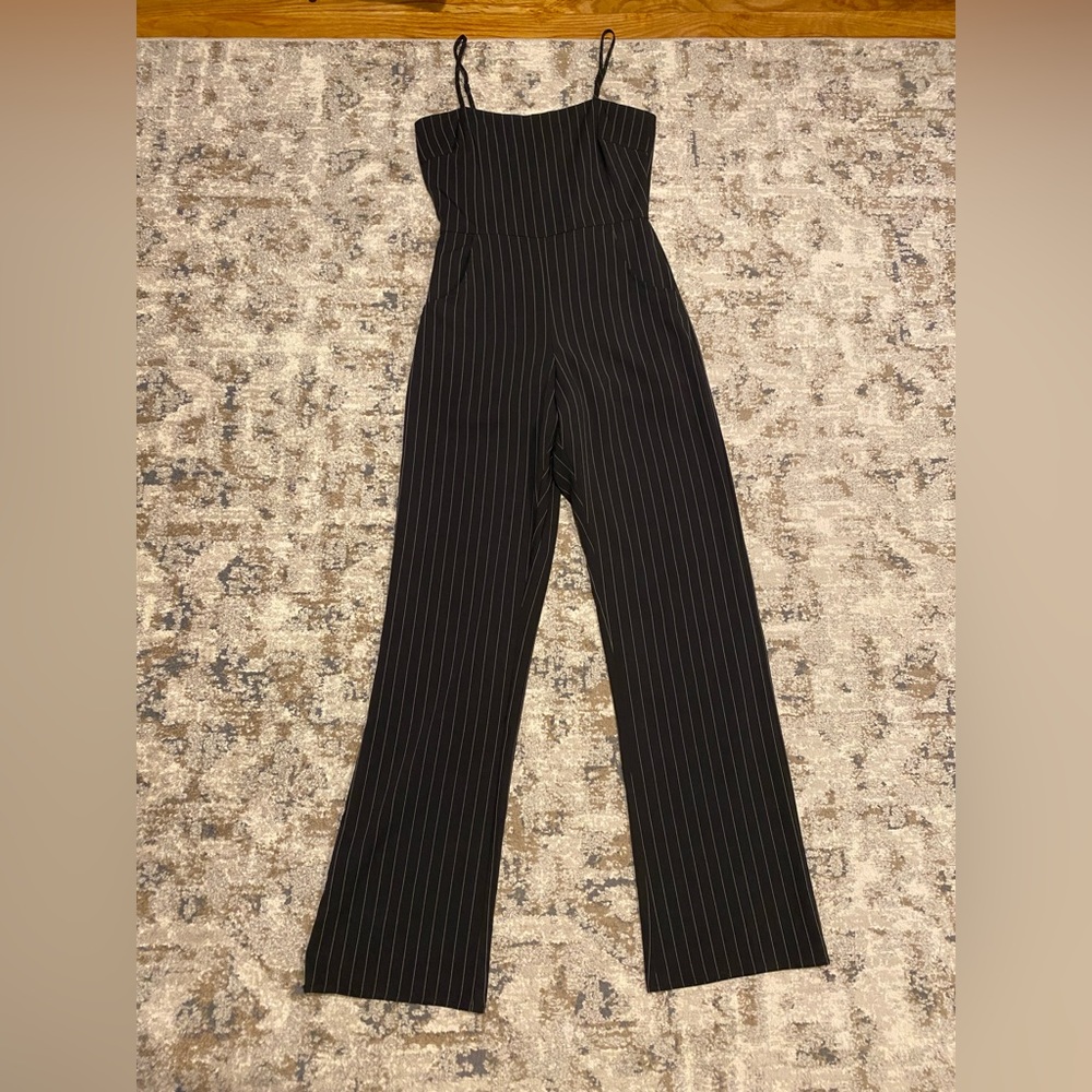 Honey Punch Jumpsuit - size sm, black, pin stripe, adjustable spaghetti straps